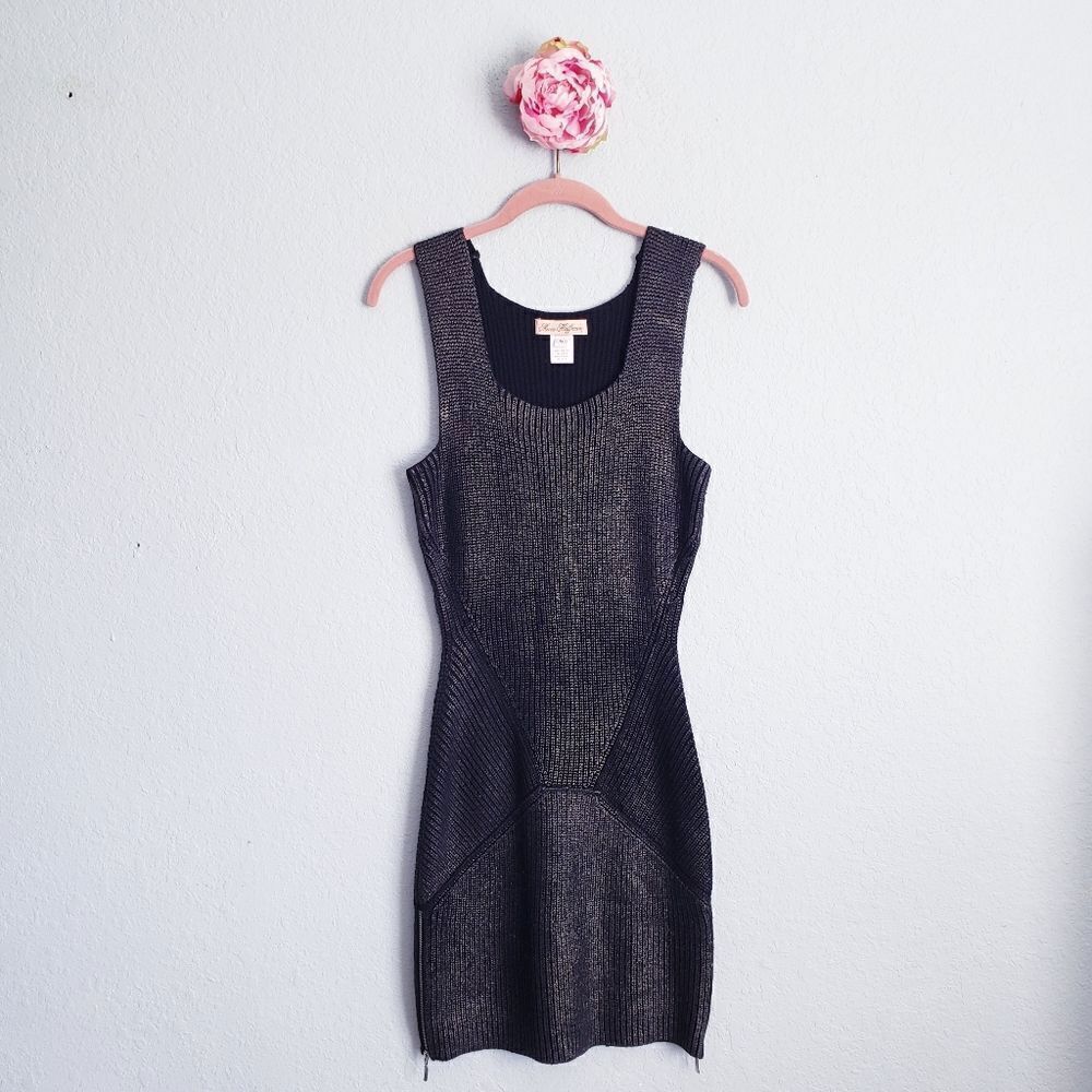 Mara Huffman Black Metallic Knit Ribbed Bodycon Dress with‎ Zipper Details - Picture 2 of 10